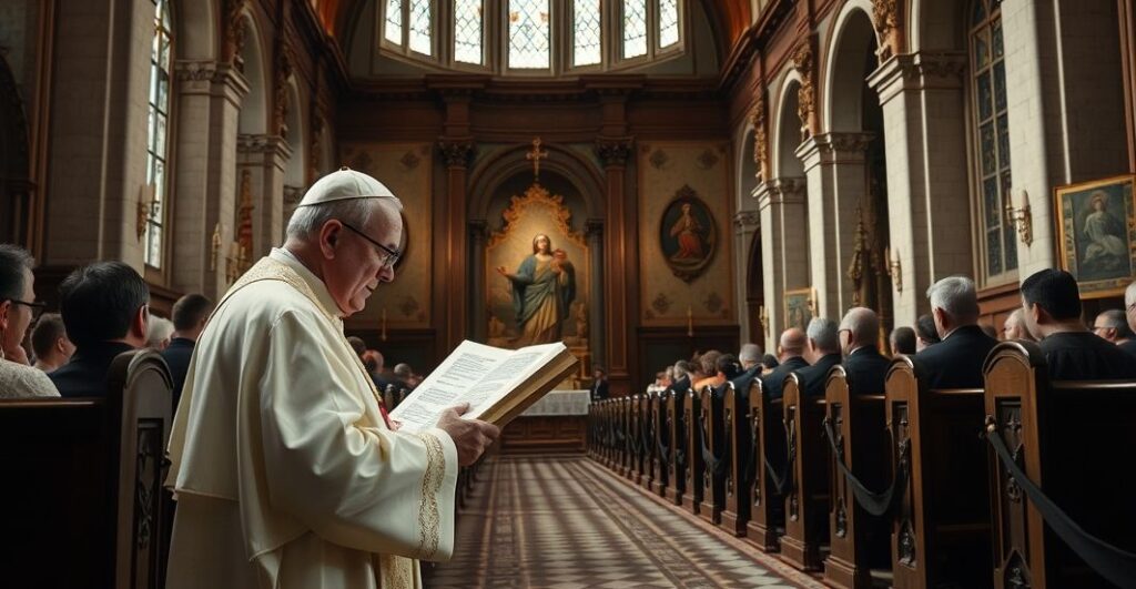 Zdjęcie realistyczne katolickiego duchownego czytającego encyklikę w tradycyjnej świątyni, ukazujące sprzeciw wobec modernistycznego nauczania papieży modernistów