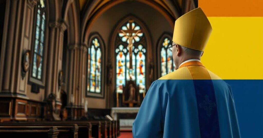 Kardynał w tradycyjnym stroju katolickim w świątyni, rozważający kryzys ukraiński z powagą i wiarą