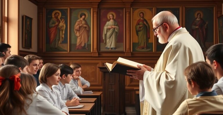 Duchown katolicki w sutannie głosi nauki podczas lekcji religii w tradycyjnej klasie, ukazując szacunek i wierność naukom Kościoła