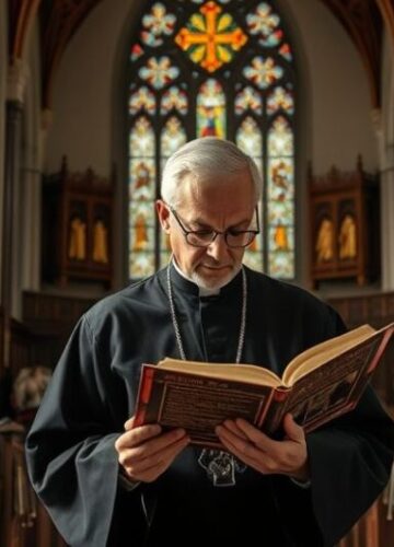 Tradycyjny katolicki duchowny w sakralnym wnętrzu kościoła Duchown katolicki w tradycyjnych szatach liturgicznych w sakralnym wnętrzu kościoła, symbolizujący autorytet i wierne przekazanie nauk Kościoła