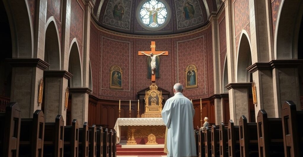 Duchown katolicki w tradycyjnych szatach liturgicznych w sakralnym wnętrzu kościoła, symbolizujący autorytet i wierne przekazanie nauk Kościoła