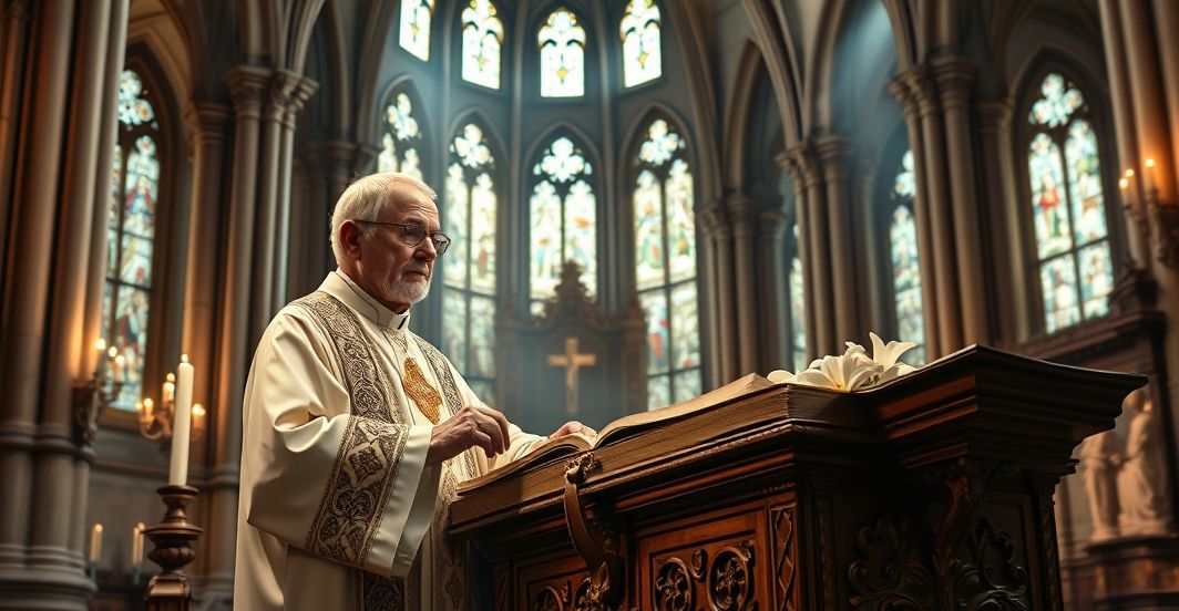 Tradycyjny katolicki duchowny w kościele, refleksja nad krytyką struktur posoborowych Catholic ksiądz w tradycyjnym stroju liturgicznym, stojący w głębokiej modlitwie w kościele z witrażami, symbolizujący autentyczną duchowość i krytykę współczesnego Kościoła