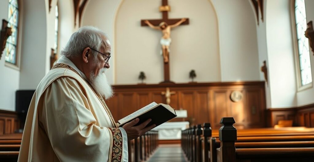 Rektor katolicki w tradycyjnej świątyni, skupiony nad Biblią przy krzyżu, symbol wiary i pobożności