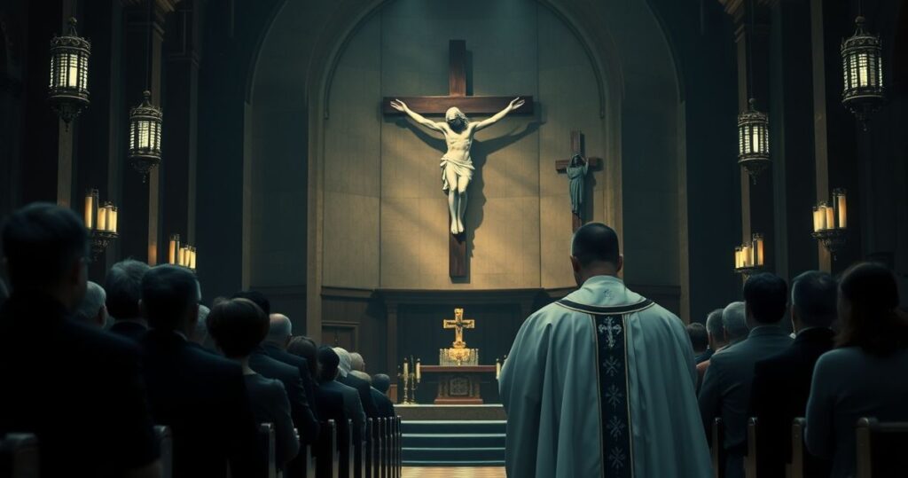Obraz katolickiego duchownego w tradycyjnym kościołowym wnętrzu, symbolizujący autentyczną wiarę i powagę sakramentu, w duchu katolickiej tradycji i nauki.