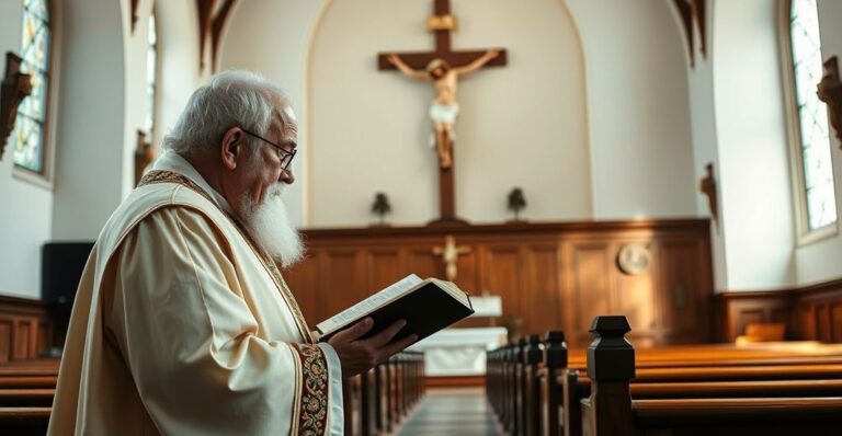 Rektor katolicki w tradycyjnej świątyni, skupiony nad Biblią przy krzyżu, symbol wiary i pobożności