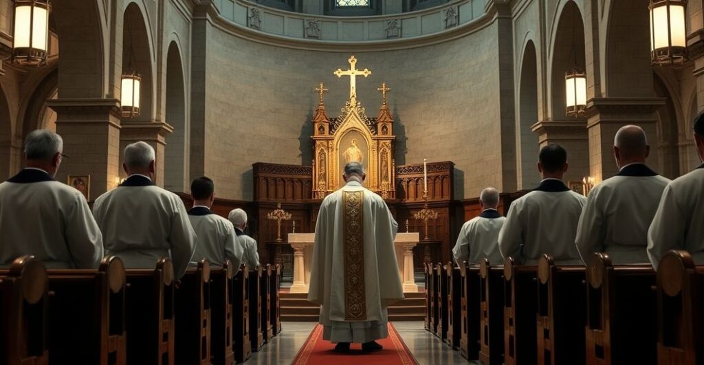 Reverent Catholic priest w kapłańskim ornacie, w tle ołtarz z Eucharystią, wyraz powagi i wiernej tradycji katolickiej w realistycznym kościele
