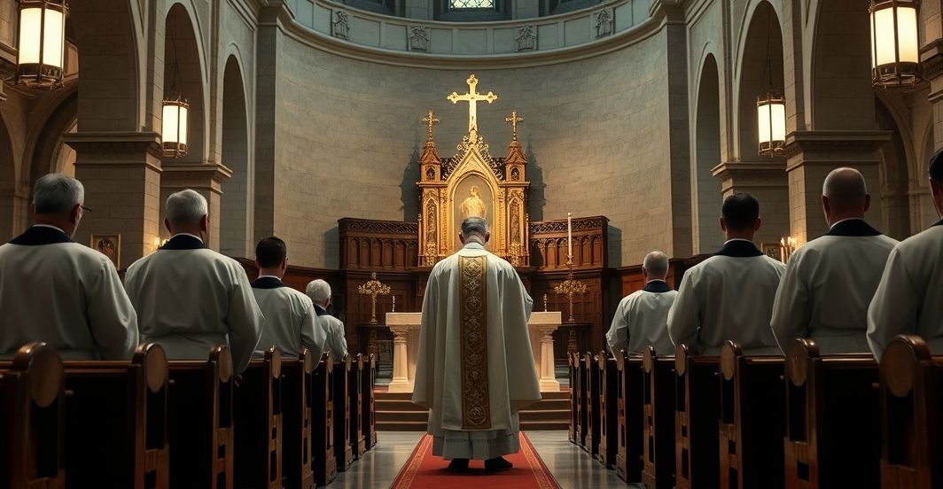 Reverent Catholic priest w kapłańskim ornacie, w tle ołtarz z Eucharystią, wyraz powagi i wiernej tradycji katolickiej w realistycznym kościele