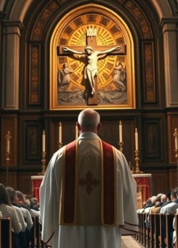 Tradycyjny katolicki kapłan w modlitewnej scenerii, symbol wierności naukom Kościoła Reverentny katolicki kapłan przed ołtarzem, symbolizujący wierność tradycji i krytykę modernistycznych zmian w Kościele