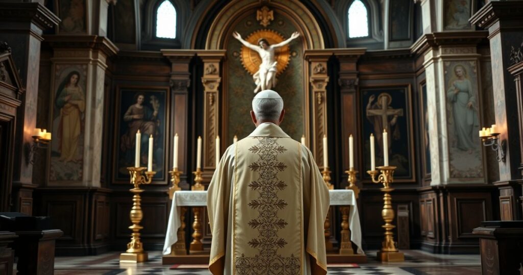 Tradycyjny katolicki kapłan w szatach liturgicznych przed ołtarzem z krzyżem w historycznym kościele, wyrażający głęboką wiarę i ciągłość doktryny katolickiej