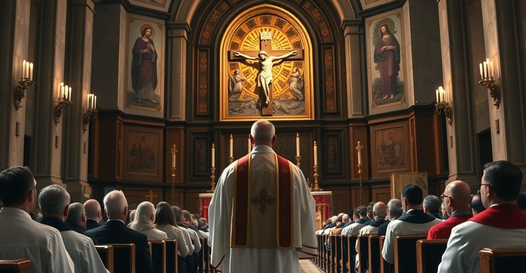 Reverentny katolicki kapłan przed ołtarzem, symbolizujący wierność tradycji i krytykę modernistycznych zmian w Kościele