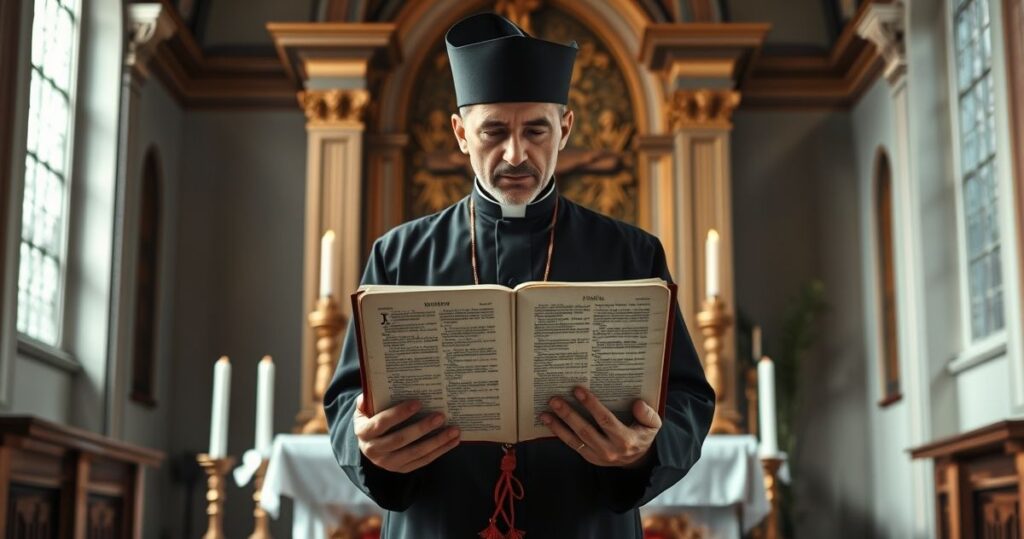 Tradycyjny katolicki kapłan w czarnym ornacie trzymający otwartą Biblię z Księgą Objawienia, stojący przed ołtarzem z krzyżem i zapalonymi świecami w realistycznym wnętrzu kościoła