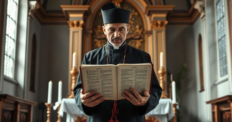 Tradycyjny katolicki kapłan w czarnym ornacie trzymający otwartą Biblię z Księgą Objawienia, stojący przed ołtarzem z krzyżem i zapalonymi świecami w realistycznym wnętrzu kościoła