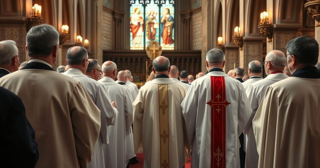 Reprodukcja tradycyjnej katolickiej sceny sakramentalnej z kapłanami mężczyznami podczas uroczystości w kościele