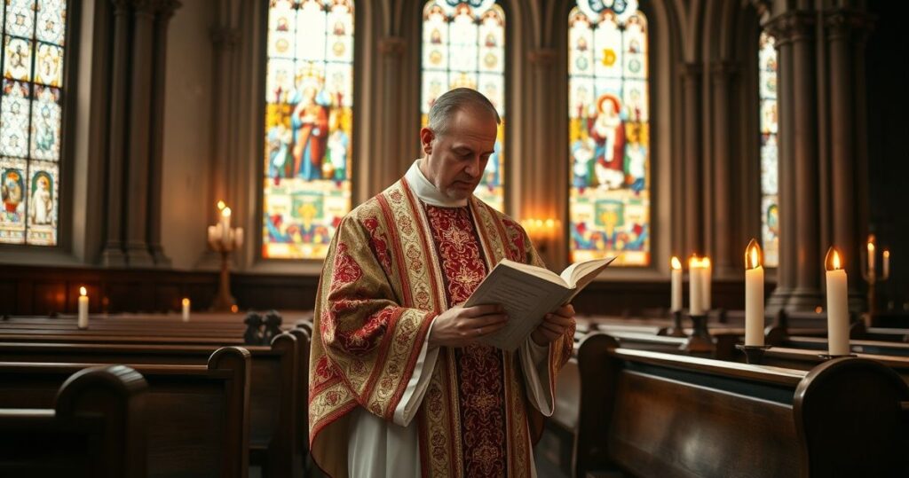 Tradycyjny katolicki kapłan w ornatach czytający Pismo Święte w kościele z witrażami i świecami