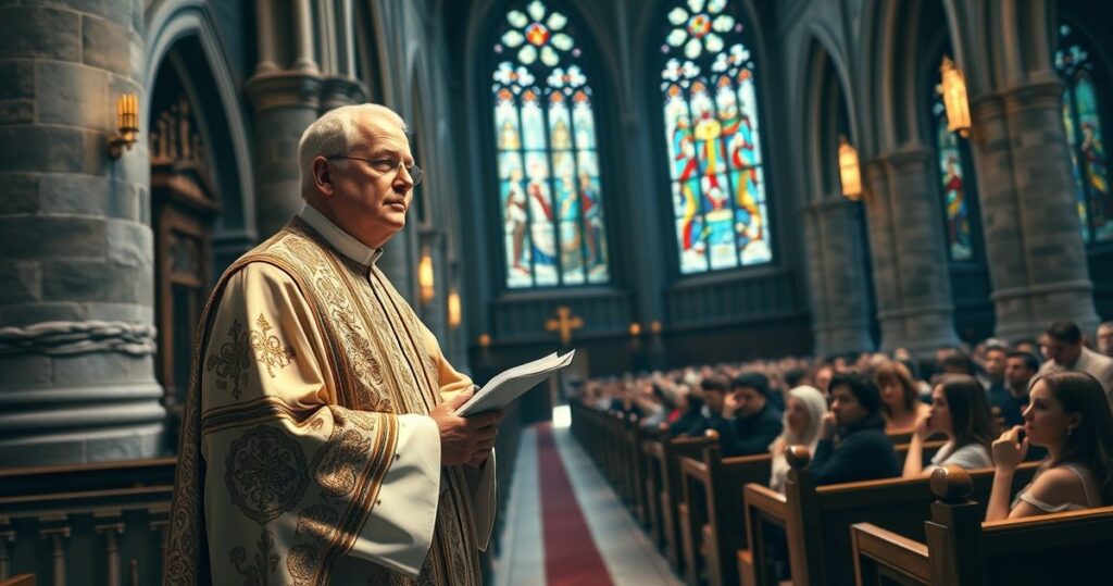 Kapłan w tradycyjnym stroju podczas kazania w starej katolickiej świątyni, z wiernymi w tle, przedstawiający głęboką religijność i powagę nabożeństwa.