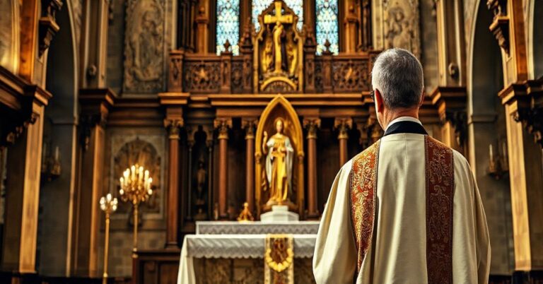 Kapłan w tradycyjnych szatach przed ołtarzem w zabytkowej świątyni, symbolizujący autentyczną wiarę katolicką i krytykę współczesnych kanonizacji