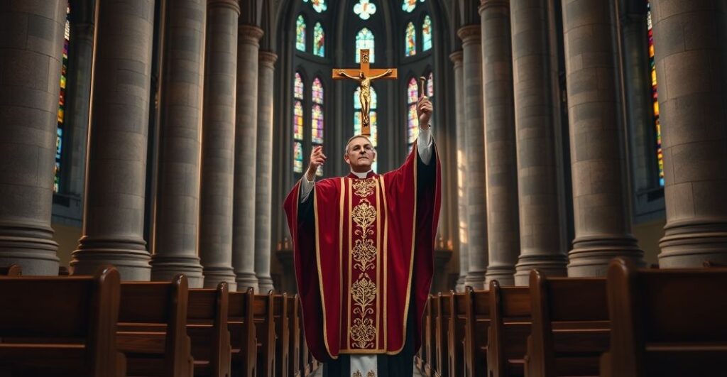 Obraz tradycyjnego katolickiego kapłana w liturgicznych szatach podczas nabożeństwa w zabytkowym kościele, wyrażający powagę i wierność prawdziwej wierze katolickiej.