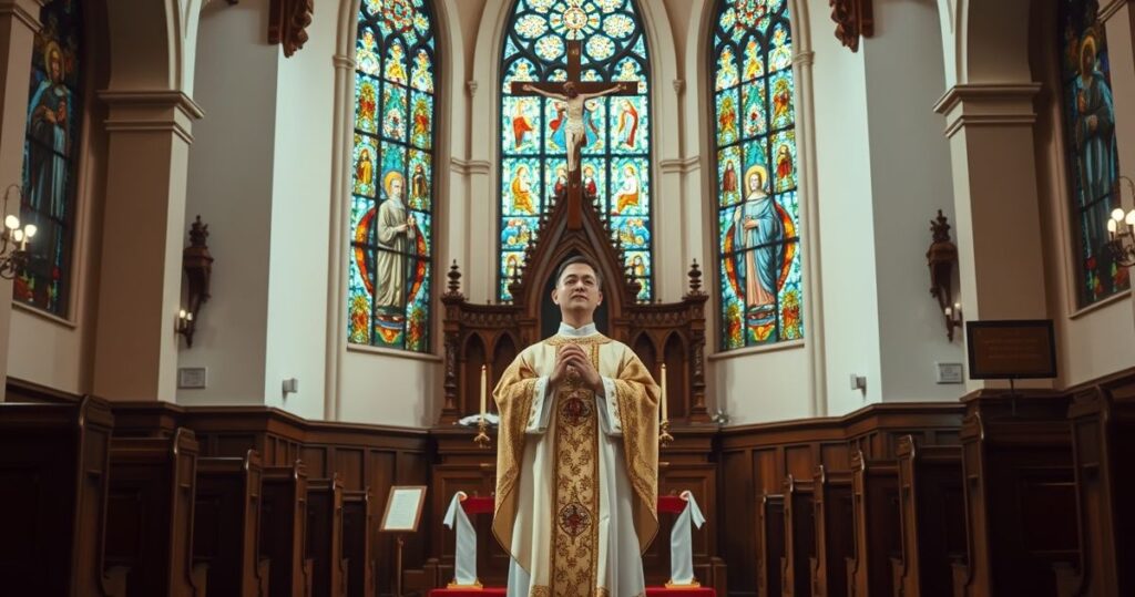 Fotografia realistyczna, pełna powagi i duchowego skupienia, przedstawiająca kapłana w tradycyjnym stroju podczas liturgii w kościele katolickim, symbolizująca autentyczną wiarę i poszanowanie sakramentów.