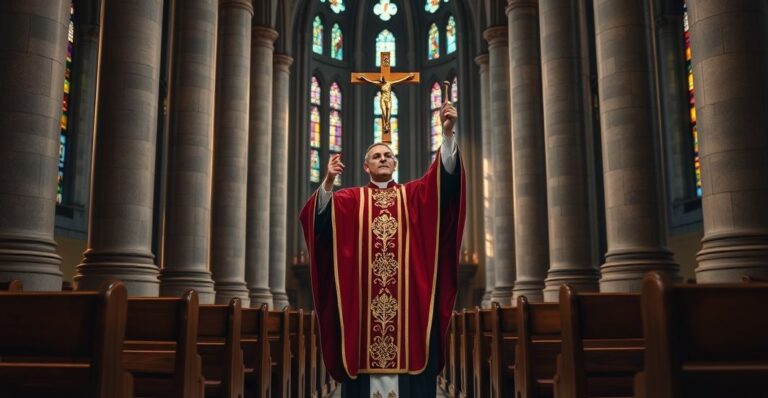 Obraz tradycyjnego katolickiego kapłana w liturgicznych szatach podczas nabożeństwa w zabytkowym kościele, wyrażający powagę i wierność prawdziwej wierze katolickiej.