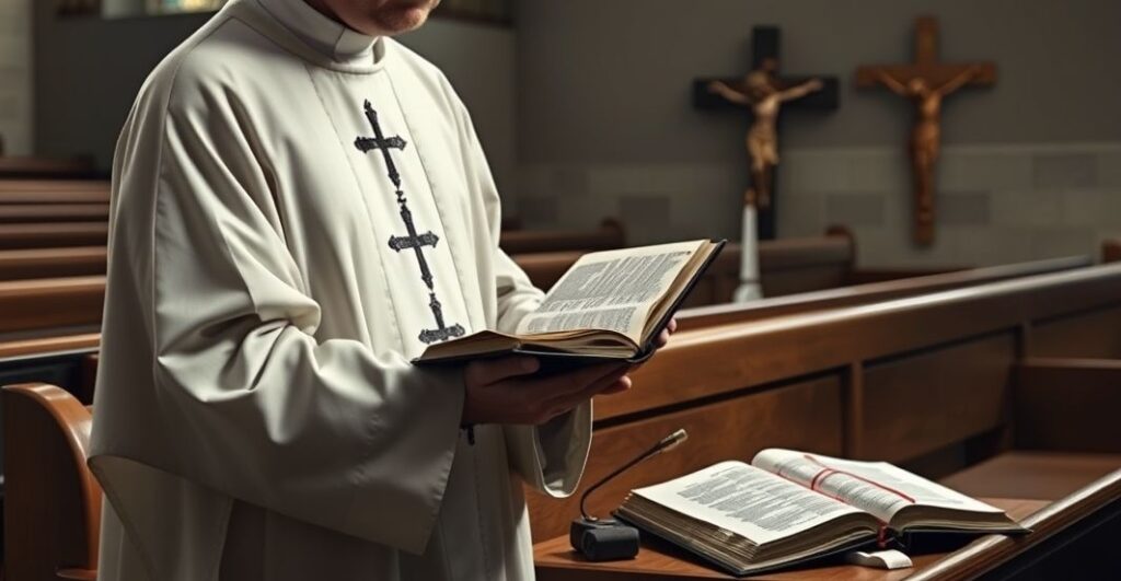 Kapłan w liturgicznych szatach czyta Biblię w kościele, w otoczeniu krucyfiksu i katechizmu, symbolizując tradycyjną katolicką wiarę i duchowość.