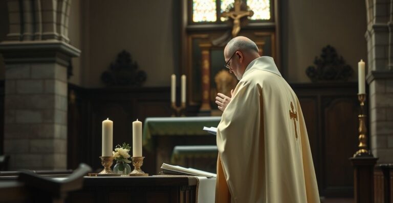 Religijny katolicki kapłan podczas modlitwy przy tradycyjnym ołtarzu, oddający cześć sakramentom w duchu tradycyjnej wiary