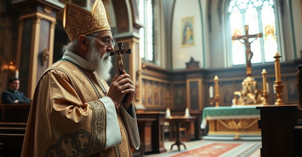 Rekreacja tradycyjnego katolickiego kapłana w świątyni, modlącego się przy ołtarzu, symbolizującego autentyczną wiarę i opór wobec modernistycznych tendencji