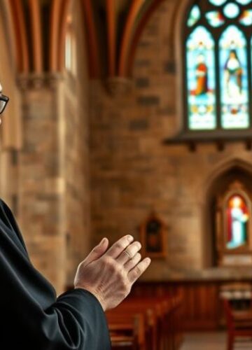 Tradycyjny katolicki kapłan modlący się w starej świątyni Realistyczne zdjęcie katolickiego kapłana w tradycyjnym stroju modlącego się w starej świątyni, symbolizujące wierność tradycji przed modernistyczną rewolucją