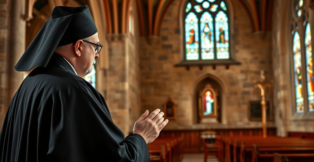 Realistyczne zdjęcie katolickiego kapłana w tradycyjnym stroju modlącego się w starej świątyni, symbolizujące wierność tradycji przed modernistyczną rewolucją