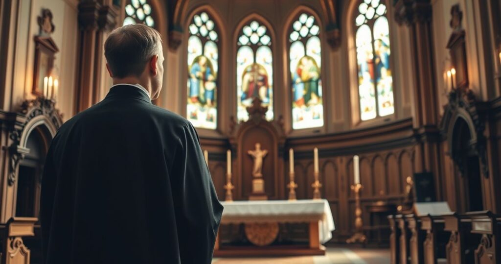 Tradycyjny katolicki kapłan w sutannie modlący się przed ołtarzem w zabytkowym kościele, symbolizujący prawdziwą miłość do Boga i bliźniego