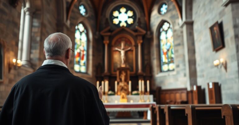Tradycyjny katolicki kapłan w sutannie modlący się przed ołtarzem w zabytkowym kościele, symbolizujący prawdziwą miłość do Boga i bliźniego