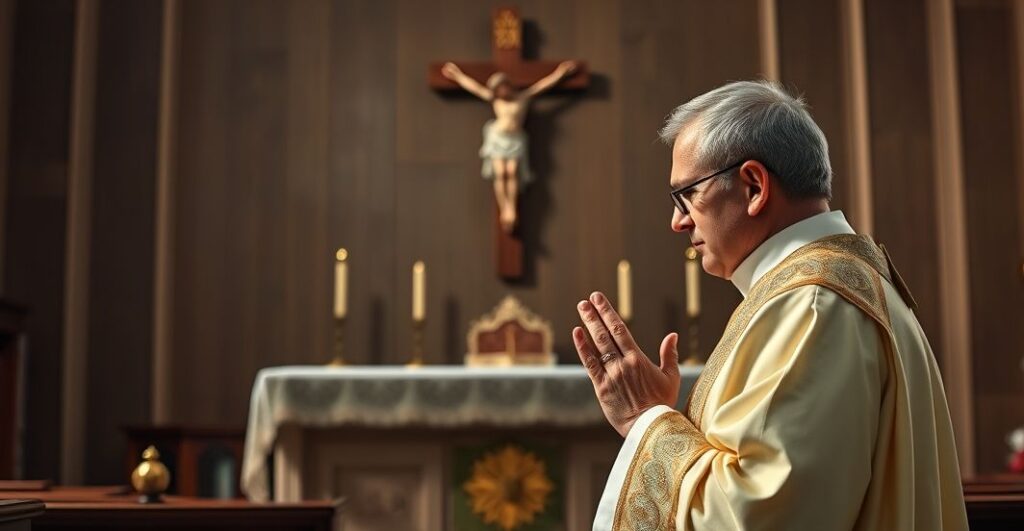 Tradycyjny katolicki kapłan modlący się przed ołtarzem z krucyfiksem, w kościele, symbol wiernej tradycji przed Soborem Watykańskim II