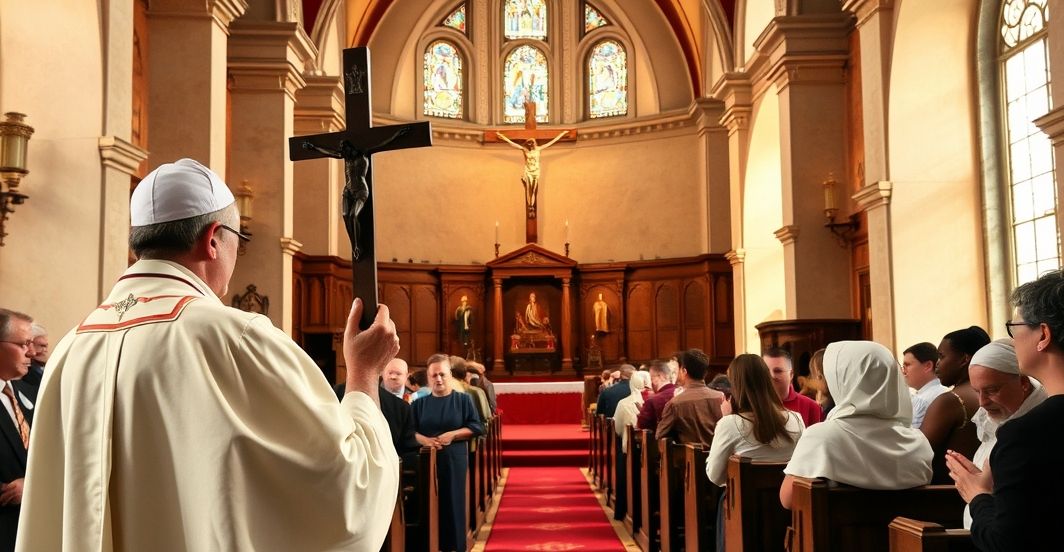 Tradycyjny katolicki kapłan modlący się w kościele z wiernymi, podkreślając autentyczną pobożność i liturgię przed soborową.