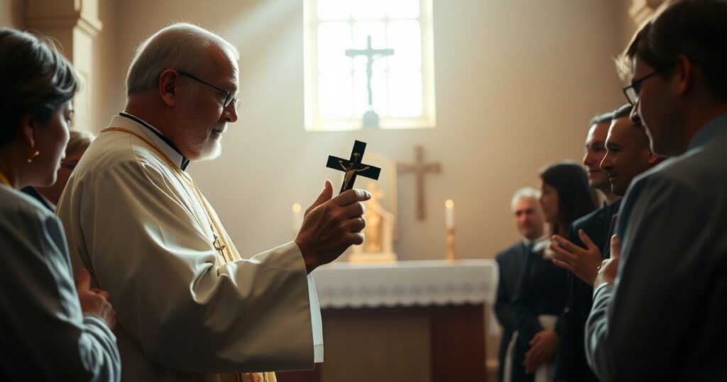 Realistyczne, pełne szacunku zdjęcie katolickiego kapłana modlącego się przed ołtarzem w tradycyjnej świątyni, z wiernymi w tle, wyrażające głęboką pobożność i wierność tradycyjnym naukom Kościoła.