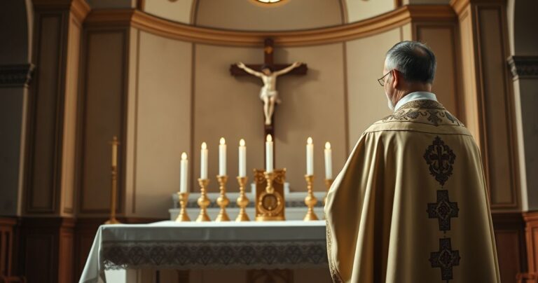 Tradycyjny katolicki kapłan podczas Mszy świętej w kościele, symbolizujący dogmat Trójcy Świętej, z widocznym krzyżem i świecami na ołtarzu.