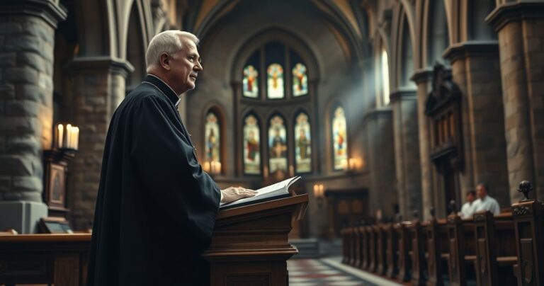 Słowa katolickiego kapłana w tradycyjnym kościele, symbolizujące obronę wiary przed modernizmem i herezjami