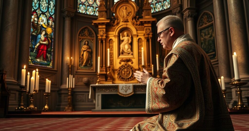 Tradycyjny kapłan modlący się przed ołtarzem w katolickiej świątyni, wyraz głębokiej pobożności i czci wobec prawdy wiary