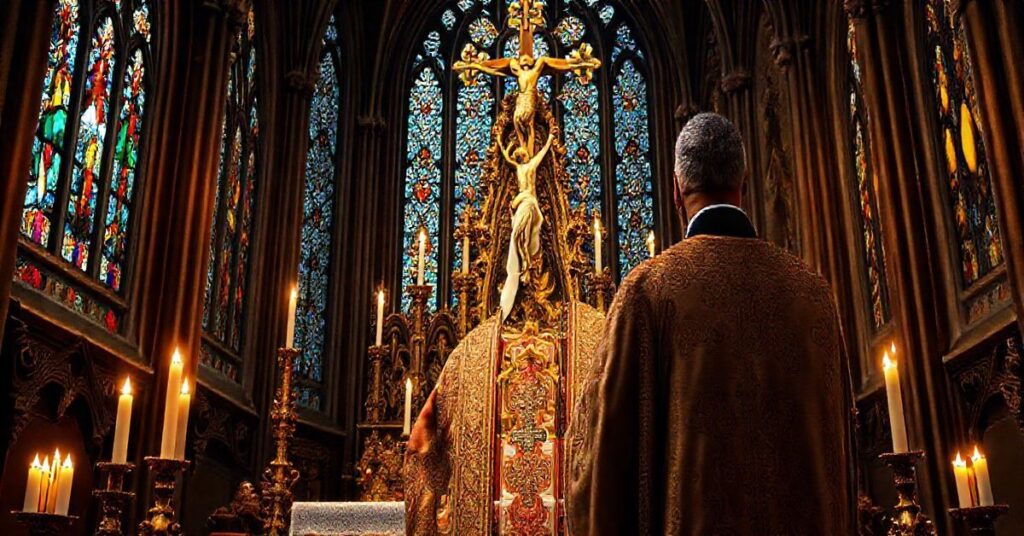Obraz tradycyjnego katolickiego kapłana w liturgicznych szatach przed ołtarzem, symbolizujący powagę i wierność wierze w kontekście współczesnych kontrowersji kościelnych