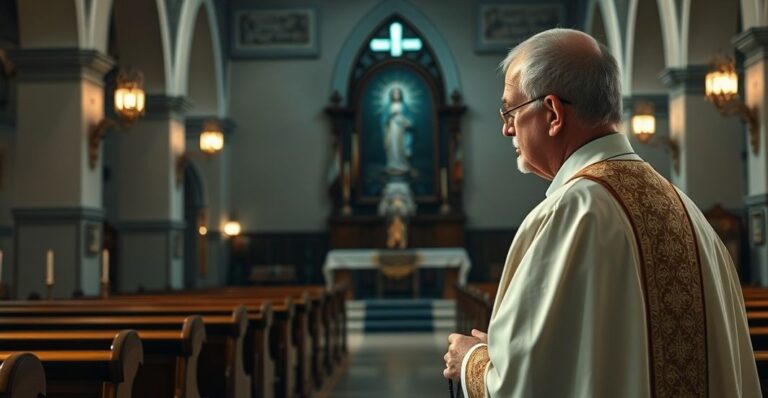 Reverentny obraz katolickiego kapłana z różańcem w kościele, podkreślający tradycyjne wartości i głęboki szacunek dla kultu Matki Bożej