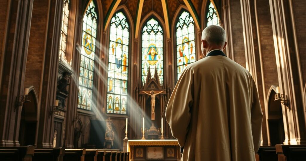 Obraz katolickiego kapłana w tradycyjnych szatach, stojącego w kościele z ołtarzem i światłem słonecznym, symbolizujący głęboką wiarę i tradycję katolicką.