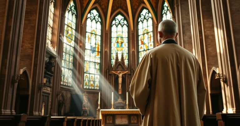 Obraz katolickiego kapłana w tradycyjnych szatach, stojącego w kościele z ołtarzem i światłem słonecznym, symbolizujący głęboką wiarę i tradycję katolicką.