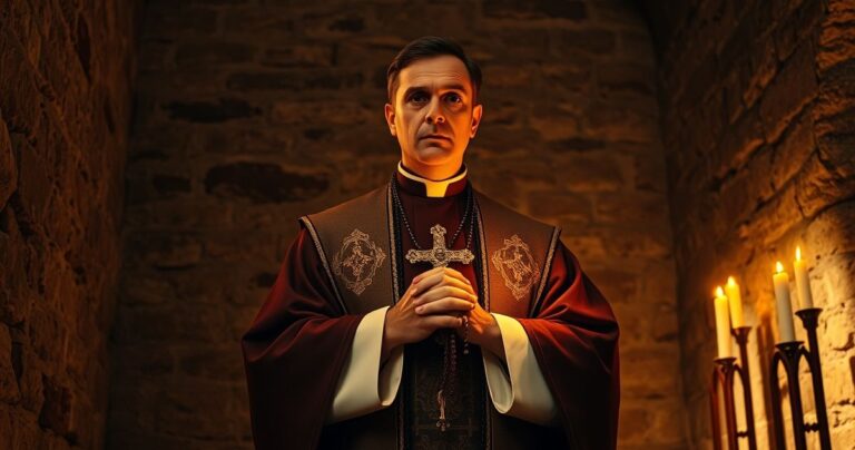 Tradycyjny katolicki kapłan w pełnych szatach liturgicznych trzymający krucyfiks i różaniec w starożytnym kościele oświetlonym świecami