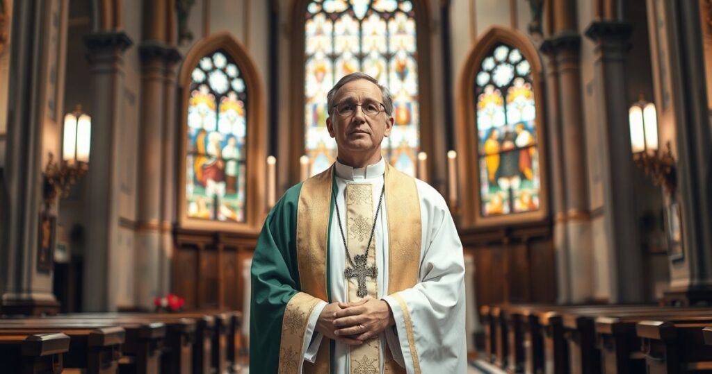 Rekolekcja kapłana w starej katedrze z elementami tradycyjnej liturgii i symbolami katolickimi, ukazująca powagę i duchowość