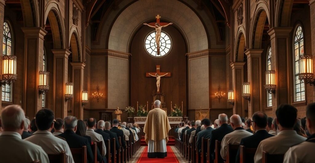 Reverent Catholic priest in church interior, symbolizing traditional faith and critique of modernist theology in Polish Catholic context.