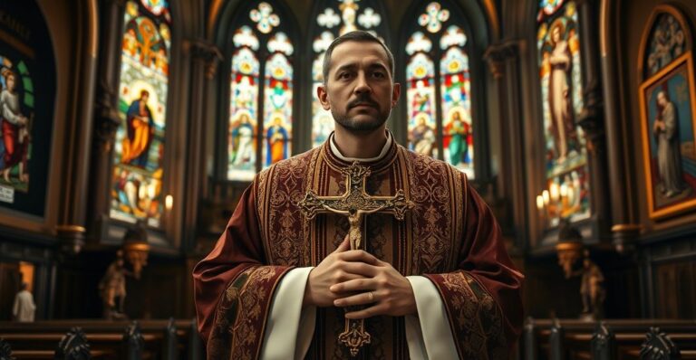 Obraz kościoła katolickiego z kapłanem w duchu pokuty i czci, ukazujący powagę i wiarę w kontekście krytyki modernistycznych zmian w Kościele.