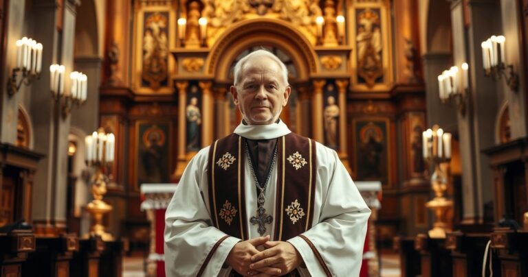 Szczegółowy obraz katolickiego kapłana w świątyni z krzyżem, ukazujący głęboką refleksję i wierność tradycyjnym naukom Kościoła