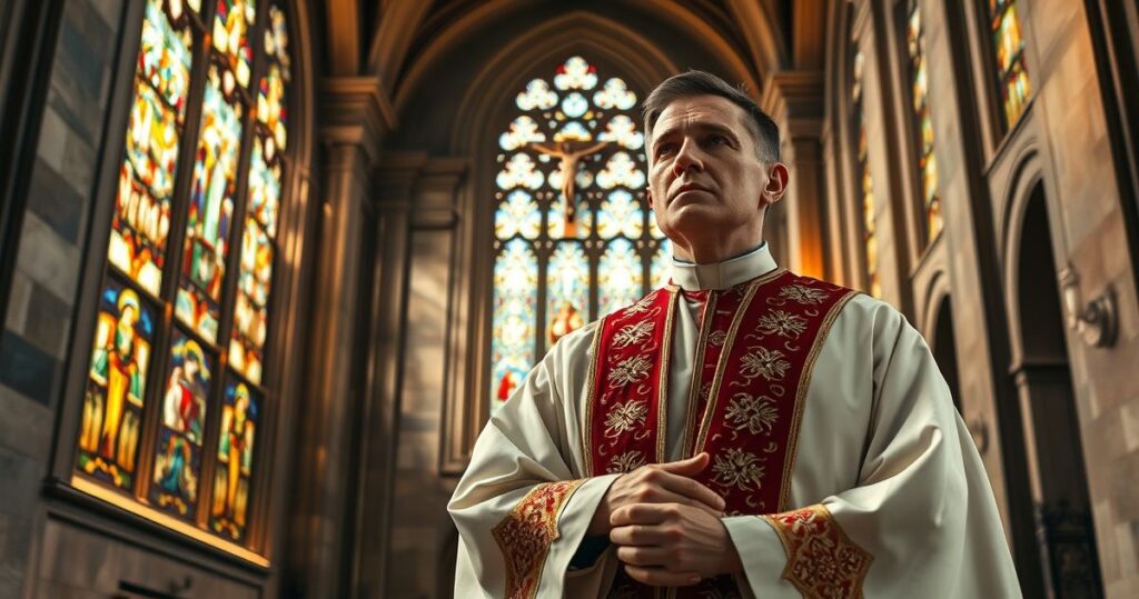 Fotografia realistyczna katolickiego kapłana w tradycyjnym ornacie wewnątrz świątyni, symbolizująca wierne przekazanie nauki i odrzucenie heretyckich innowacji papieskich