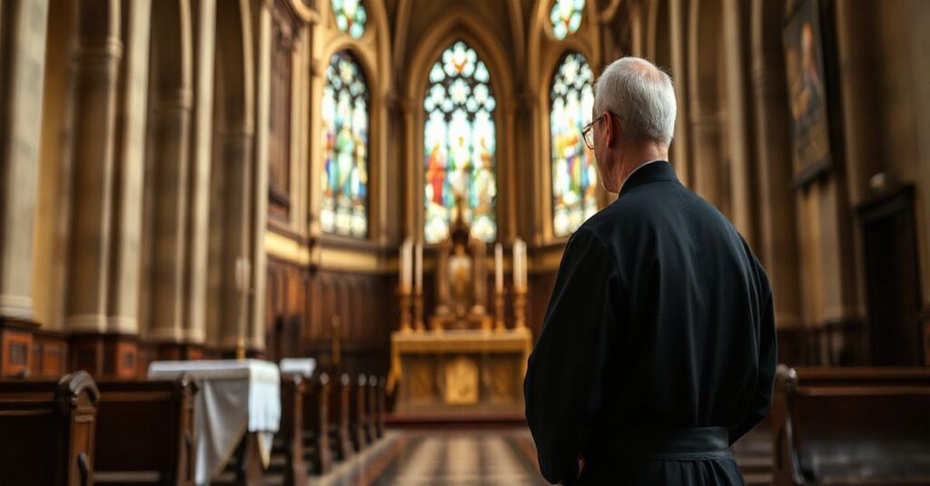 Tradycyjny katolicki kapłan w czarnej sutannie w starej świątyni, modlący się w głębokim skupieniu, symbolizujący wierność wierze i krytykę modernistycznych zmian