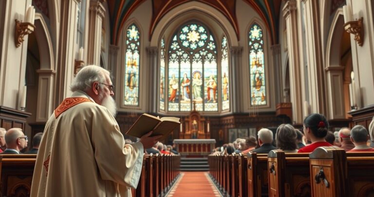 Obraz tradycyjnego katolickiego kapłana w świątyni, odczytującego z Biblii podczas nabożeństwa, symbolizujący obronę nauki Kościoła przed modernistyczną herezją.