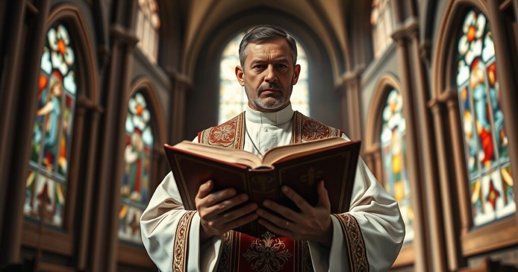Tradycyjny katolicki kapłan w szatach liturgicznych trzymający otwartą Biblię w klasycznym wnętrzu kościoła z witrażami, symbolizujący wierne przekazywanie Pisma Świętego i duchowości