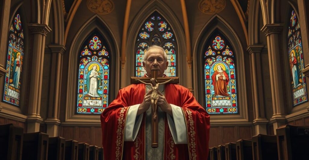 Rektor kościoła katolickiego z tradycyjnym ołtarzem i kapłanem w liturgicznych szatach, symbolizujący wierność katolickiej prawdzie i tradycji